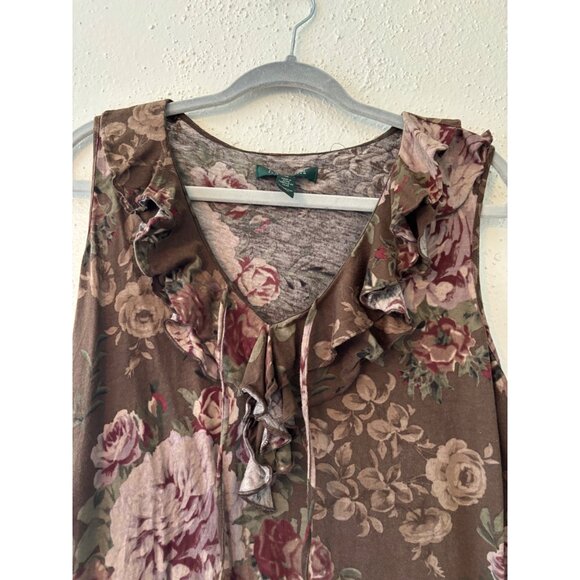 Lauren Ralph Lauren Floral Ruffle Sleeveless Top 1X Cotton Brown & Pink - Picture 4 of 12